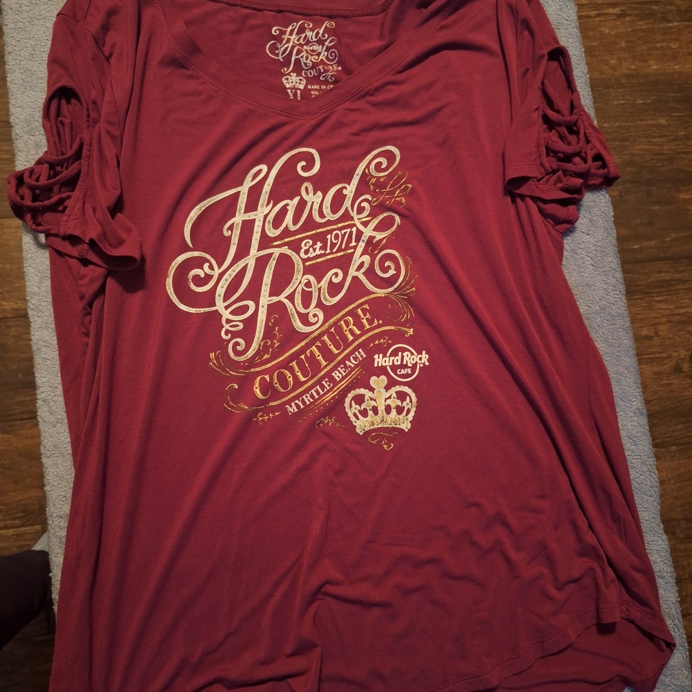 Ladies Maroon Hard Rock Graphic T-Shirt Lattice Sleeves Myrtle Beach sz XL